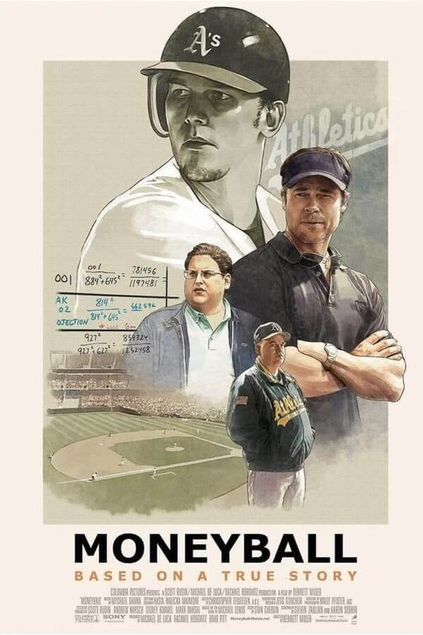 야구계에 혁신을 일으킨 분석과 운영을 간결하게 표현한 영화 포스터입니다.